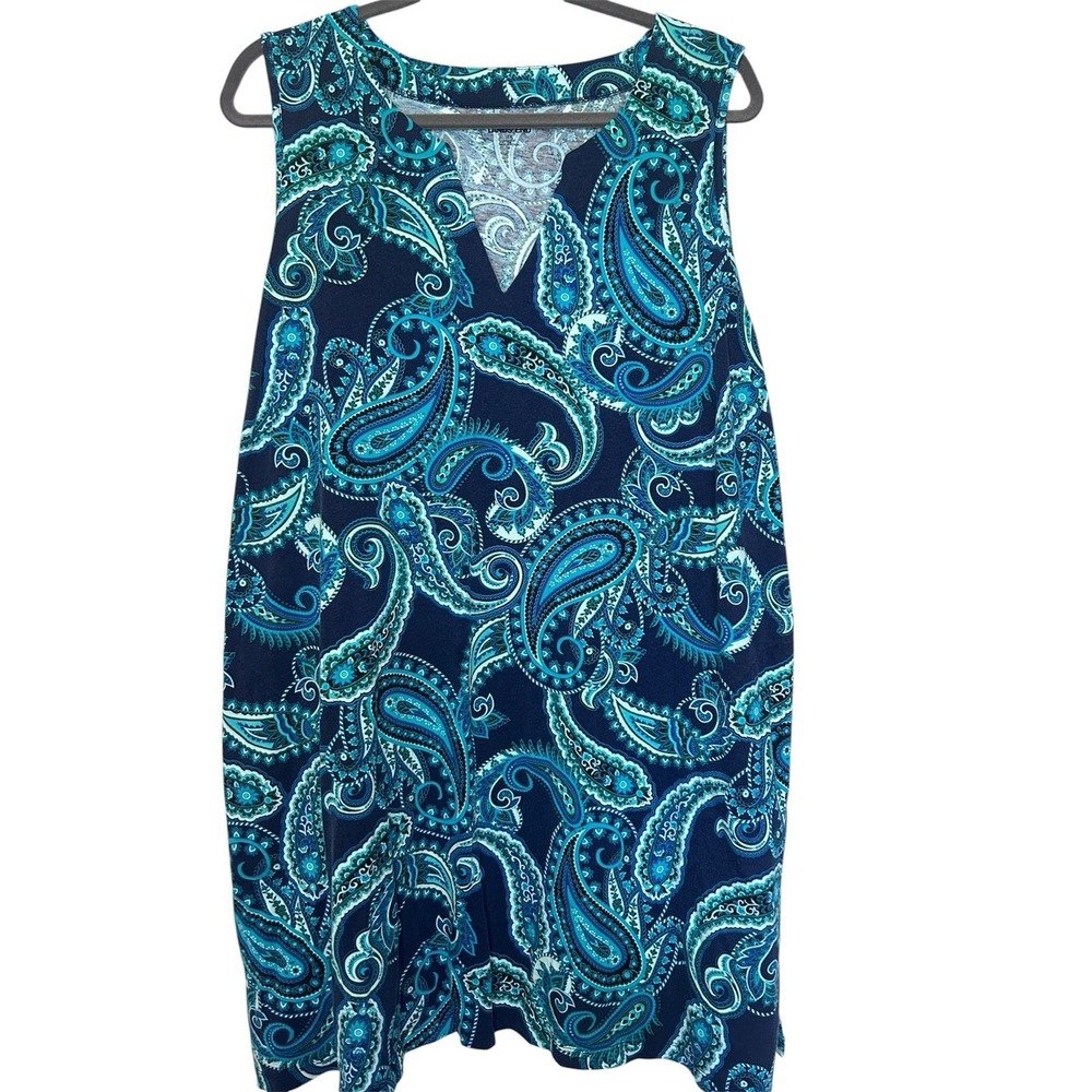 Lands End Shirt Dress Size 3X Casual Navy Turquoise Blue Paisley Stretch Pockets